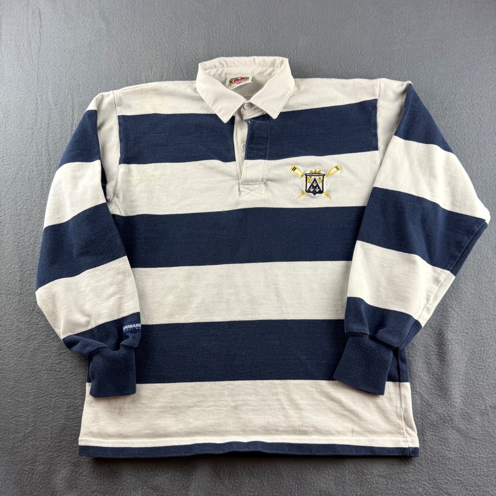 Barbarian Rugby Shirt Men's M White Blue Striped Heavy Cotton Y2K Jersey Preppy